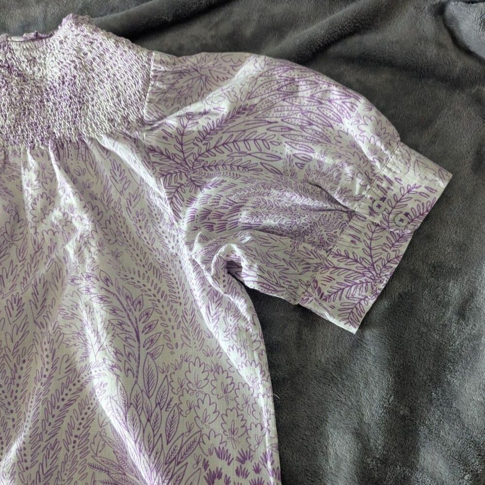 Cottagecore Talbots Linen Cotton Smocked Floral Top Purple Garden Party Blouse M - Picture 4 of 8